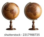 Old style world Globe isolated on white background.  Two hemispheres of the globe in antique style. South and North America and Africa, Asia, Europe.