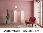 Interior of pink living room with red leather armchair standing on round carpet near pink folding screen. 3d rendering