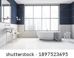 White And Blue Bathroom With...