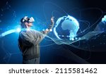 Small photo of Woman in vr glasses headset, hand touch hologram, earth globe and lines. Metaverse, blockchain technology and alternate reality. Concept of digital world