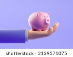 Small photo of Businessman cartoon hand with piggy bank on light purple background. Concept of finance and money accumulation. 3D rendering