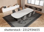 Top view of modern office meeting room with beige and wooden walls, wooden floor, long conference table with rows of chairs and big window with cityscape. 3d rendering
