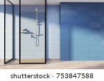 Blue Bathroom Interior With A...