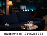 Small photo of Empty unorganized space with dirty trash and stinky rubbish, messy unfinished food in leftovers cand and beer bottles on untidy table. Nobody in living room with unhealthy garbage.