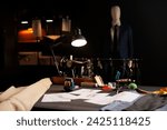 Small photo of Exquisite professional tailoring studio full of premium quality bespoken sartorial collection and fashion design sketch drawings on walls. Atelier shop with stylish elegant clothing on mannequins