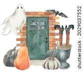halloween ghost and pumpkins... | Shutterstock . vector #2029037552
