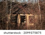 Small photo of Ruined house in the forest, image of decrepitude