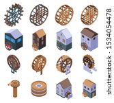 Water Mill Icons Set. Isometric ...