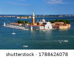 Aerial view of San Giorgio Maggiore Island in Venice, Italy. Venice is situated across a group of 117 small islands that are separated by canals and linked by bridges.