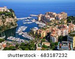 View of Monaco City and Fontvieille with boat marina in Monaco.  Monaco City and Fontvieille are two of the four traditional quarters of Monaco.