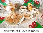 St Davids  day  celebration  welsh  flag tea party with  welsh cakes