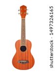 Small photo of Ukulele close up, Ukulele is a small instrument music guitar family, on isolated white background, space empty to write text on the side.