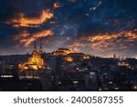 Brno city in the Czech Republic. Europe. Petrov - Cathedral of Saints Peter and Paul and Spilberk castle. Beautiful old architecture and a popular tourist destination. Night photography of the city.