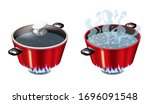 set of red pans with boiling... | Shutterstock .eps vector #1696091548