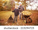 Father And Son Raking Leaves 