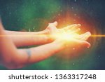 Woman hands praying for blessing from god, blurred nature background, rain, day. Religious human open empty hands with palms up. Gratitude, preacher worship, solitude pray, religion devotion concept