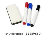 Color Whiteboard Marker Pens and Eraser on White Background