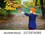 Adorable preschooler girl enjoying nice and sunny autumn day outdoors. Happy child gathering autumn leaves in Paris, France. Outdoor fall activities for kids
