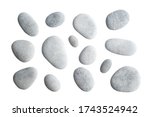 Grey pebbles isolated on white background.  Top view of sea stones