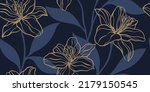 Seamless pattern of creative minimalist hand draw illustrations floral outline lily and shape leaves on dark blue background. Horizontal wall decoration, banner or vintage brochure cover design