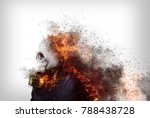 Person with gas mask and destructive fire, pollution and climate change