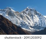 Small photo of view to summits Everest (left) and Lhotse (right) from view point in valley Khumbu in Nepal