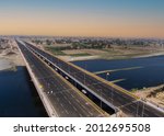 Aerial photography bird-eye view of Lucknow Agra new expressway and bridge and river Yamuna in Agra city of north INDIA