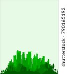 The very edge of a city, trees and buildings in emerald green as a background