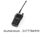 Modern amateur portable handheld transceiver, so-called walkie-talkie or two-way radio on a white background