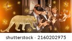 Small photo of Scared business people in vr glasses over toned image of walking jaguar and shining butterflies. Concept of illusory risks and business success..