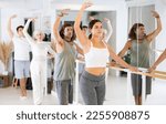 Small photo of Gracile young woman engaging in ballet at ballet barre in training hall during workout session