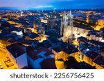 Aerial view of lighted night Burgos with Gothic Catholic Cathedral, Spain
