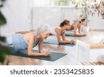Small photo of Elderly woman doing pilates exercises in group in fitness studio