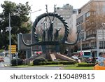 Small photo of Ankara, Turkey - April 18, 2022: The Hittite Sun Course Monument in Sihhiye Square, a replica of an ancient Hatti monument unearthed in excavations at Alacahoyuk.