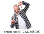 Small photo of handsome 60s middle aged grey-haired man with a beard with a cheerful fortitude on a white background