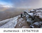 Hiker Descending Path In Frozen ...
