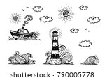 marine set in cartoon doodles... | Shutterstock .eps vector #790005778