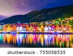 Night view of a historical wooden district Bryggen in the norwegian city Bergen.