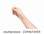 Young child hand holding some like a blank card isolated on a white background