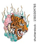 tiger head in roar with lotus... | Shutterstock .eps vector #1583309785