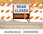 Horizontal Shot Of 'Road Closed' Barrier With Detour Sign