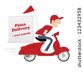 funny pizza delivery boy riding ... | Shutterstock .eps vector #123432958