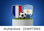 France vs Argentina flag soccer shield with football ball on a grass podium. 3D Rendering. 3D Illustration
