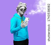 Small photo of Modern art collage. Concept portrait of a man holding mobile smartphone using app texting sms message. Gypsum head of of Apollo. Thug life.