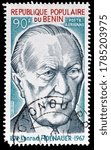 Small photo of BENIN - CIRCA 1967 : Cancelled postage stamp printed by Benin, that shows portrait of Konrad Adenauer, circa 1967.