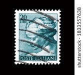 Small photo of Italy - circa 1961 : Cancelled postage stamp printed by Italy, that shows Work of Michelangelo - Libyan Sybil, circa 1961.