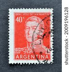 Small photo of ARGENTINA - CIRCA 1959 : Cancelled postage stamp printed by Argentina, that shows portrait of Jose de San Martin, circa 1959.