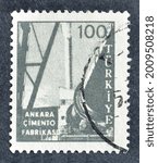 Small photo of TURKEY - CIRCA 1959 : Cancelled postage stamp printed by Turkey, that shows Cement factory in Ankara, circa 1959.