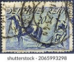 Small photo of Germany Realm - circa 1921 : Cancelled postage stamp printed by Germany Realm, that shows Ploughman, circa 1921.