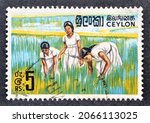 Small photo of Ceylon - circa 1969 : Cancelled postage stamp printed by Ceylon, that shows Girls in Rice Field, circa 1969.